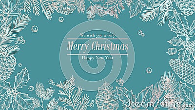 Christmas card. Holidays background, invitation. Winter fir pine branches, pinecones floral border. Christmas, xmas Vector Illustration