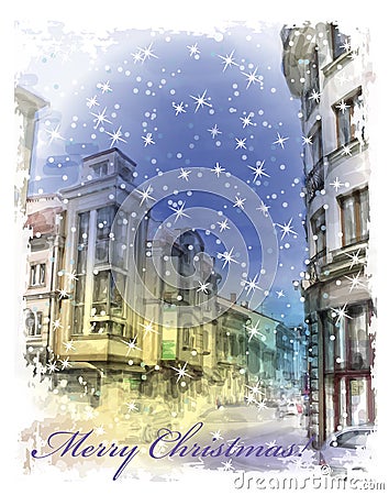 Christmas card with illustration of city street. Watercolor st Vector Illustration