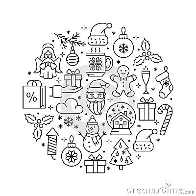 Christmas card illustration. Line icon banner with angel, santa, gingerbread man, snowball, snowman, christmas tree and gift. Vector Illustration