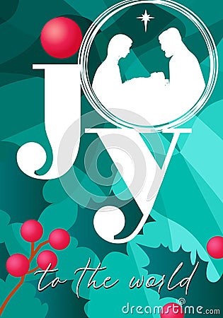 Christmas card with the inscription Joy to the world and holly berry Vector Illustration