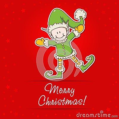 Christmas card with little elf Santa helper Vector Illustration
