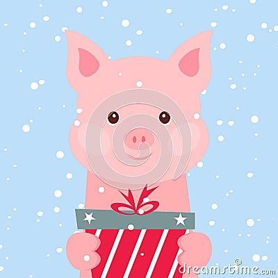 Christmas card. Portrait of pink pig with gift box, snowflake. Funny cartoon face of a pig. Vector illustration, Happy Vector Illustration