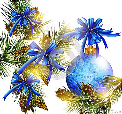 Christmas card with realistic blue baubles, bows, cones and fu Stock Photo