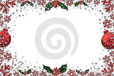Christmas card red background snowflakes ornaments border frame New year glitter Stock Photo