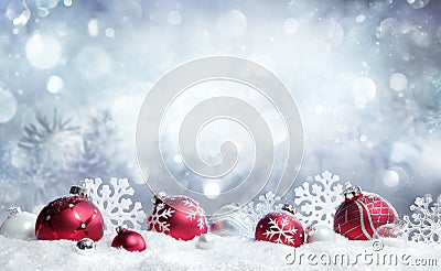 Christmas Card - Red Baubles And Snowflakes Stock Photo