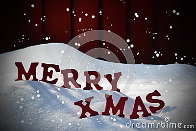 Christmas Card With Red Letters Merry Xmas, Snow, Snowflakes Stock Photo