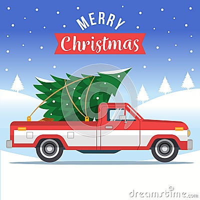 Pickup Truck With Christmas Tree Vector Illustration