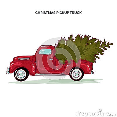 Pickup Truck With Christmas Tree Vector Illustration