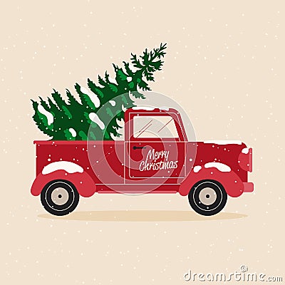 Pickup Truck With Christmas Tree Vector Illustration