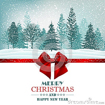 Christmas card with red ribbon bow and forest. Vector Vector Illustration