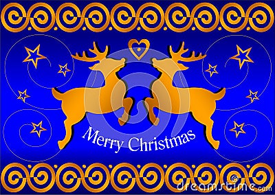 Christmas card with reindeer, stars, heart and modern ornaments inside Gold on a royal blue background Stock Photo