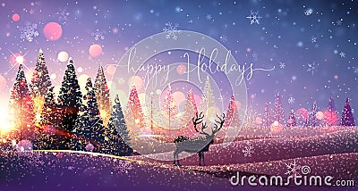 Christmas Card with Reindeer, Winter Sunny Landscape. Vector Vector Illustration