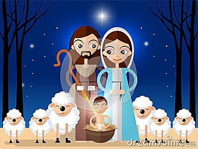 Christmas card in retro style with three kings bringing gifts to Jesus. Vector Illustration