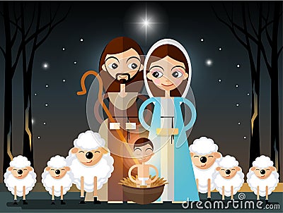 Christmas card in retro style with three kings bringing gifts to Jesus. Vector Illustration