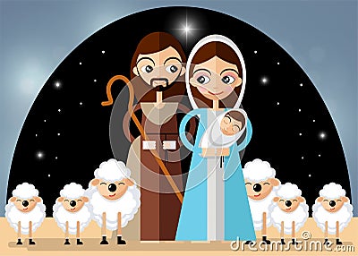 Christmas card in retro style with three kings bringing gifts to Jesus. Vector Illustration