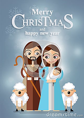 Christmas card in retro style with three kings bringing gifts to Jesus. Vector Illustration