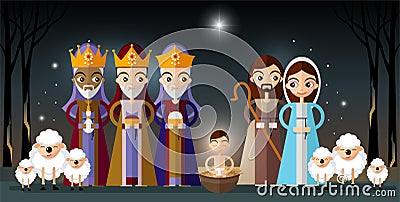 Christmas card in retro style with three kings bringing gifts to Jesus. Vector Illustration