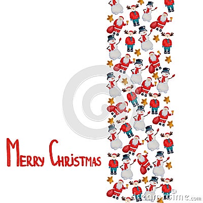 Christmas card with santa claus, snowman, deer and cookies. Cartoon Illustration