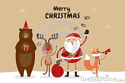 Christmas card with Santa Claus and wild animals. Vector Illustration