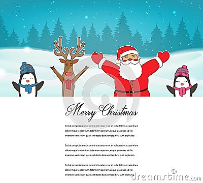 Christmas card with Santa, Reindeer, Penguins. Greeting card for winter holidays. Vector Vector Illustration