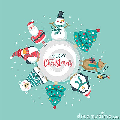 Christmas card with Santa, tree. polar bear, snowman, deer and penguin., Vector Illustration