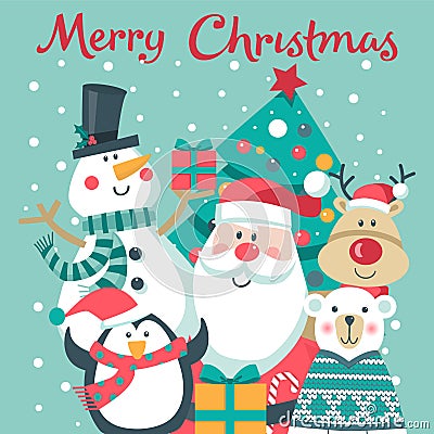 Christmas card with Santa, tree. snowman, deer and penguin., Stock Photo