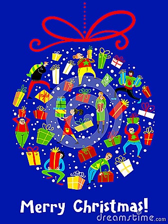 Christmas card with shopping people. Winter seasonal Vector Illustration