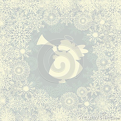 Christmas card with snowflake and angel with trumpet Vector Illustration