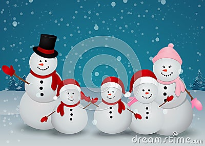 Christmas card with snowman and family Vector Illustration