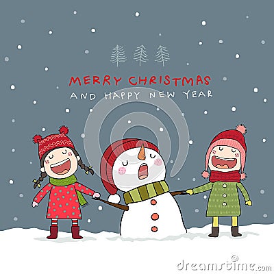 Christmas card with snowman and kids in Christmas snow scene. Vector Illustration