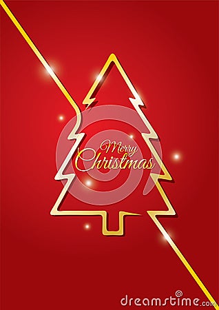 Minimalist christmas card with golden lines shaping christmas tree on red background Vector Illustration