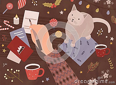 Christmas card template with hand holding pen and writing on holiday postcards, cute cat, cup of coffee, sweets, festive Vector Illustration