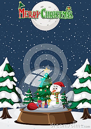 Christmas card template with snowdome and snow falling at night Vector Illustration