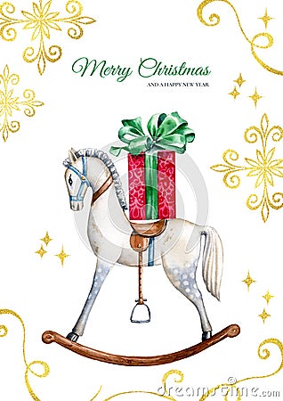 Christmas card template with toy horse. Hand painted watercolor illustration with vintage x-mas gifts and golden foil Cartoon Illustration