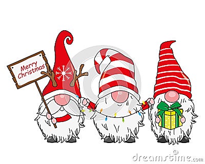 Christmas card. Three cute gnomes. Vector Illustration