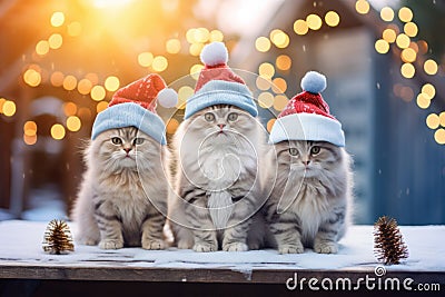 Christmas card three cute grey kittens in red hats. Stock Photo