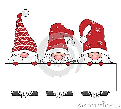 Christmas card. Three gnomes with a blank sign. Vector Illustration