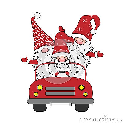 Christmas card. Three gnomes in a car Vector Illustration