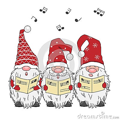 Christmas card. Three gnomes singing. Vector Illustration