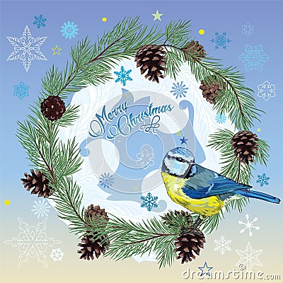 Christmas card. Titmouse sitting on pine branch with cones and the circle of snowflakes Vector Illustration