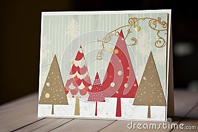 Christmas card with Christmas trees made by hand using the applique method, AI generation Stock Photo