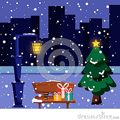 Christmas card vector illustration of a snowy winter city park with Christmas trees, bench, lantern, walkway and city Cartoon Illustration