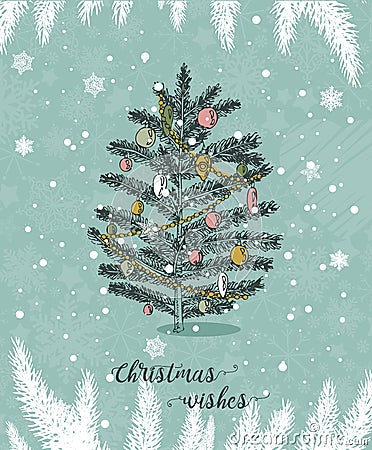 Christmas card with christmas tree in the vintage hand drawn style. Cute snowflakes and pine tree branches under the snow. Vector Illustration