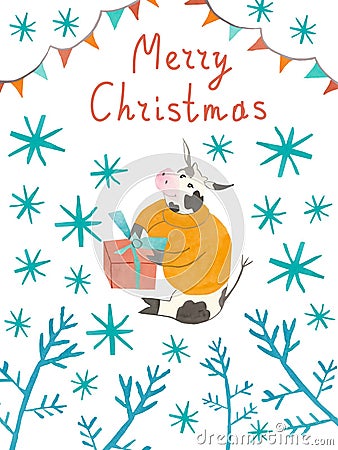 Christmas card with watercolor bull symbol 2021 in doodle style Stock Photo