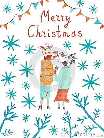 Christmas card with watercolor bull symbol 2021 in doodle style Stock Photo