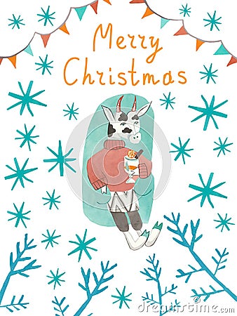 Christmas card with watercolor bull symbol 2021 in doodle style Stock Photo