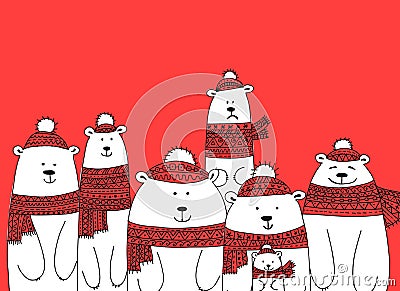 Christmas card with white santa bears family Vector Illustration