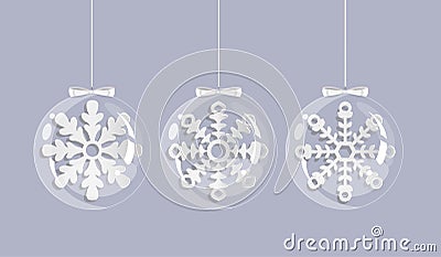 Christmas card with white snowflakes in glass balls. Vector Illustration