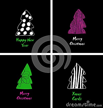 Christmas cards set. Decorative cartoon design with stylish spruces, fir-trees. Happy new year design. Vector Illustration