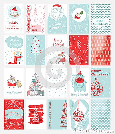 Christmas cards templates with cats, Santa Claus, owl, pig and hand drawn greeting text Vector Illustration